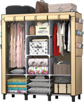Portable Wardrobe with 10 Storage Racks and 2 Hanging Poles 6 Side Pockets Fleece Cover, Size 130 x 45 x 172 cm, Bedroom Closet Organizer (Beige)