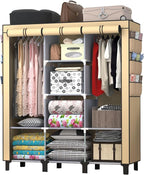 Portable Wardrobe with 10 Storage Racks and 2 Hanging Poles 6 Side Pockets Fleece Cover, Size 130 x 45 x 172 cm, Bedroom Closet Organizer (Beige)