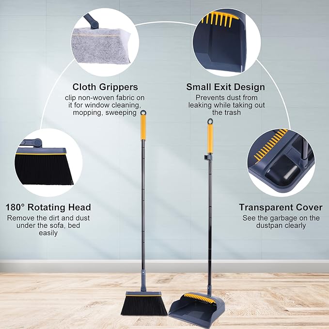 JEHONN Broom and Dustpan Set for Home, 54 Inches Long Handle Lightweight 180 Degree Rotating Indoor Upright Standing Dust Pan with Comb Teeth, Store Sweep Set for Room Kitchen Lobby Office