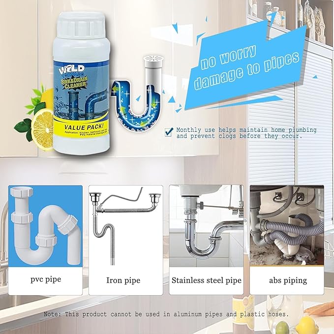 Powerful Fast-Acting Drain Cleaner Powder – Sink and Drain Clog Remover for Kitchen & Toilet Pipes – Deep Cleaning Formula, Fast Foaming, Heavy-Duty Clog Remover（2pcs）