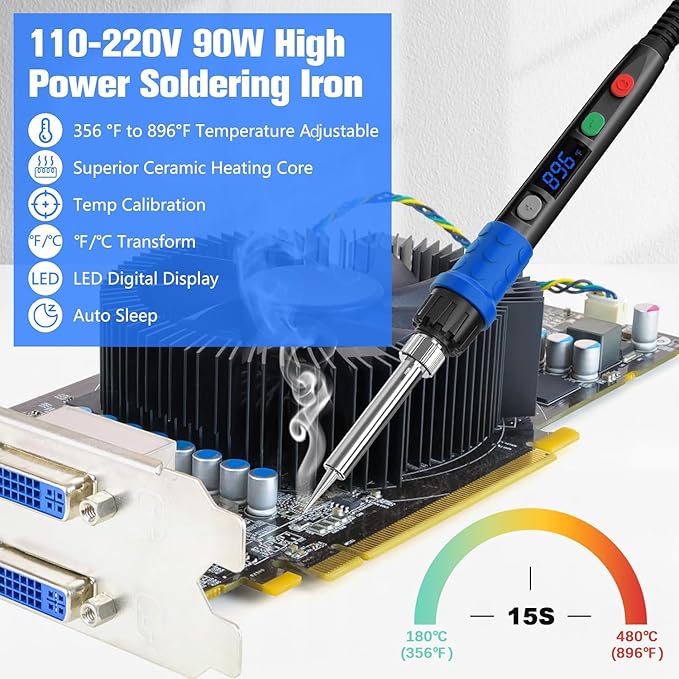 Soldering Iron Kit, 90W LED Digital Soldering Gun kit with Ceramic Heater, 110V Adjustable Temperature Solder Welding Iron Kits, Auto-sleep, Thermostatic Design, Black