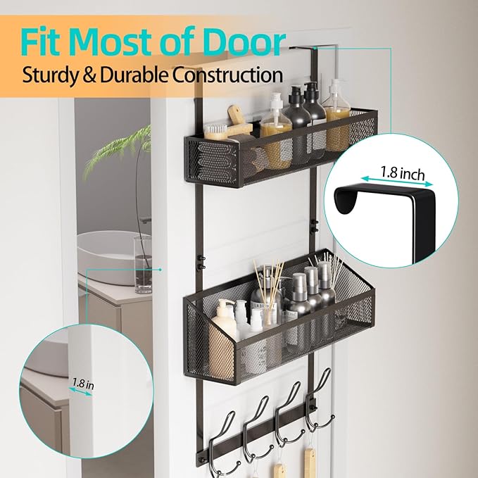 Over Door Hook Organizer 12 Hook Over The Door Organizer with 2 Mesh Baskets - Back of Door Storage Towel Rack Space Saving Storage Organizer for Bedroom, Bathroom, Kitchen, Pantry, Black