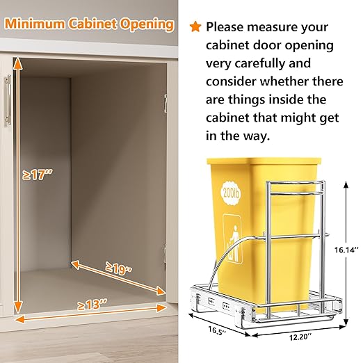 ANASTA Single Pull Out Trash Can Under Cabinet 7-13 Gal, Heavy Duty Under Sink Garbage Can, 50Qt Slide Out Waste Bin for 13" Wx 17" Hx 19" D Base Cabinet, Trash Bin Holder for Drawer/Counter, No Can