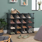 SONGMICS Shoe Rack with 16 Cubes, Interlocking Plastic Shoe Organizer, DIY Storage Cabinet for Closet Entryway Bedroom Garage, Space Saving Design, 12 x 35.1 x 27.2 Inches, Grey ULPC445G02