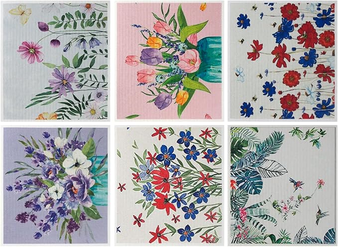 Swedish Kitchen Dish Cloths - 6 Pack Reusable Paper Towels for Counters & Dishes - Eco Friendly Cellulose Sponge Cloth - Assorted (Flower)