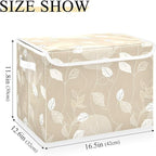 Large Storage Bins with Linen Collapsible Foldable Storage Cubes Fabric Closet Organizer Containers box with Flip-Top Lid for Home Bedroom Office 16.7 x 12.6 x 11.8in (White Line Leafs Ink Beige)