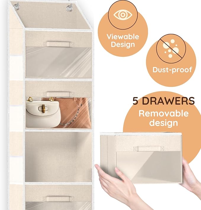 Ofiray-home Over Door Organizer with Drawers, 5-Tier Hanging Storage, Removable Bins & 10 Side Pockets. For Closet, Baby Items, Yarn, Bedding, Clothes, Toys, Towels - Beige