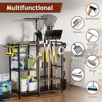 Garden Garage Tool Organizer - with 3-tier Shelves, Yard Tool Organizer for Garage with 4 Hooks, Heavy duty Steel Garden Tool Rack Holds up to 48 Long Handled Yard tools for Storage