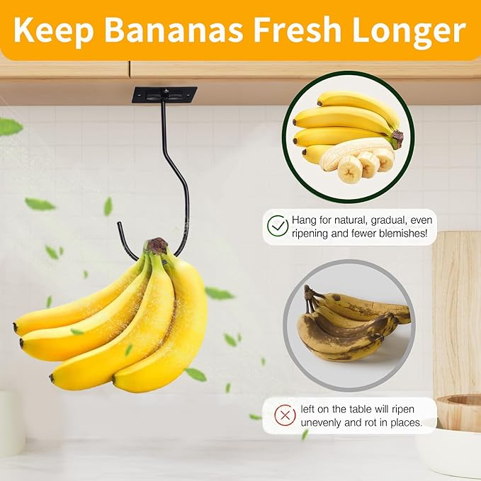 Self-Adhesive Banana Hooks, Foldable Magnetic Hanger Under Cabinet, Sturdy Metal Banana Holder for Kitchen, Space-Saving Design to Keep Bananas Fresh 4 Pieces Black