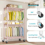P3 Rolling Clothes Rack, Clothing Racks for Hanging Clothes, Heavy Duty Garment Rack with Wheels, Freestanding Portable Closet Organizer 39.4''W x 14''D x 78.5''H, Max Load 464 LBS, Pink