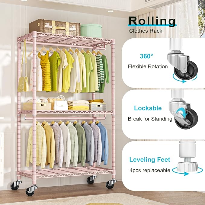 P3 Rolling Clothes Rack, Clothing Racks for Hanging Clothes, Heavy Duty Garment Rack with Wheels, Freestanding Portable Closet Organizer 39.4''W x 14''D x 78.5''H, Max Load 464 LBS, Pink