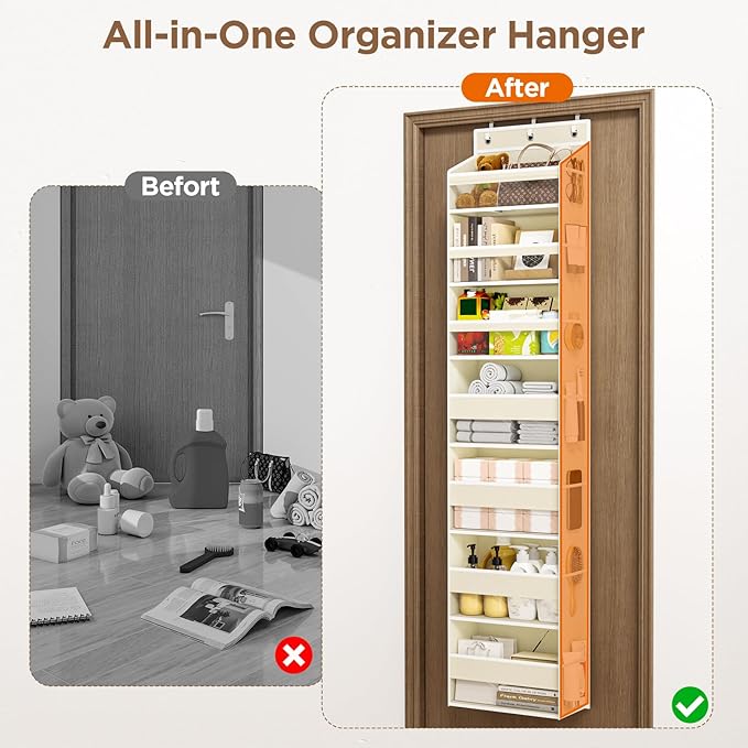 Over The Door Organizer, 7 Tier Door Hanging Organizers with 7 Large Pockets 12 Side Pockets, Behind Door Storage Hanging Shelves for Closet Bathroom Bedroom Nursery