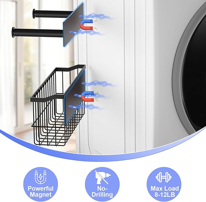 MFTEK Magnetic Dryer Ball Holder and Magnetic Hanger Holder for Laundry Room Organization, Extendable Hanger Organizer Stacker, Magnet Lint Bin, Metal Basket Dryer Ball Container Set (Black)