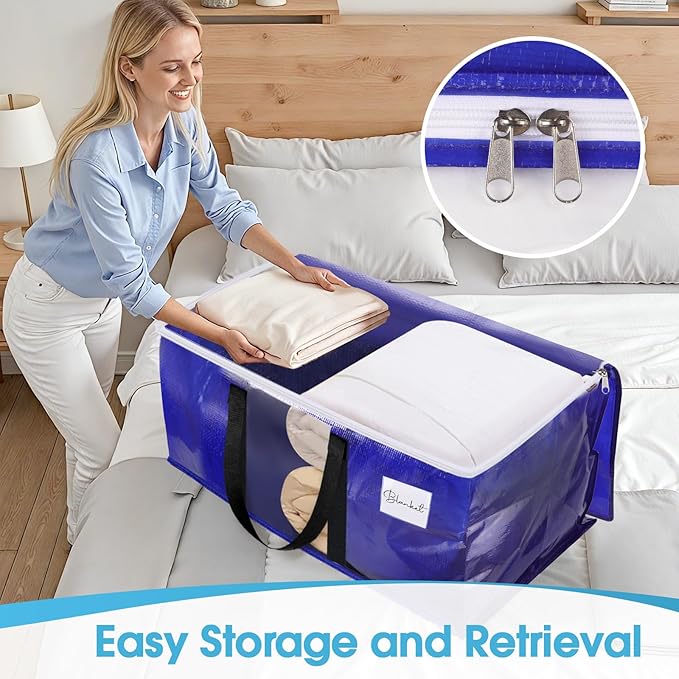 BlissTotes 4 Pack Moving Bags with Clear Window, Storage Bags with Strong Carrying Handles & Zippers,Large Packing Bags for Saving Space, Alternative to Moving Boxes(Blue,20 Gallon)