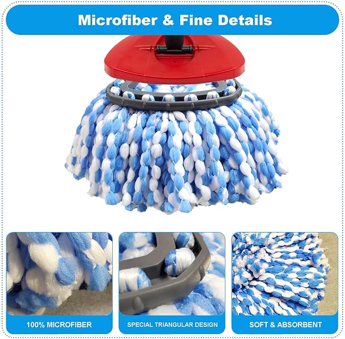 Easywring 1-Tank System,Mop Replacement Heads for O-Ceda Mop Replace Head, Spin Mop Heads Replacements, Microfiber Spin Mop Refills, Easy Cleaning Mop Head Replacement (Blue and White 3pcs)