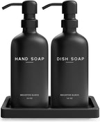 Black Glass Hand and Dish Soap Dispenser Set by Brighter Barns - Kitchen Soap Dispenser Set with Tray for Home, Airbnb, Vacation Rental, Gift - Minimalist Home Decor, Modern Kitchen Decor (Black)