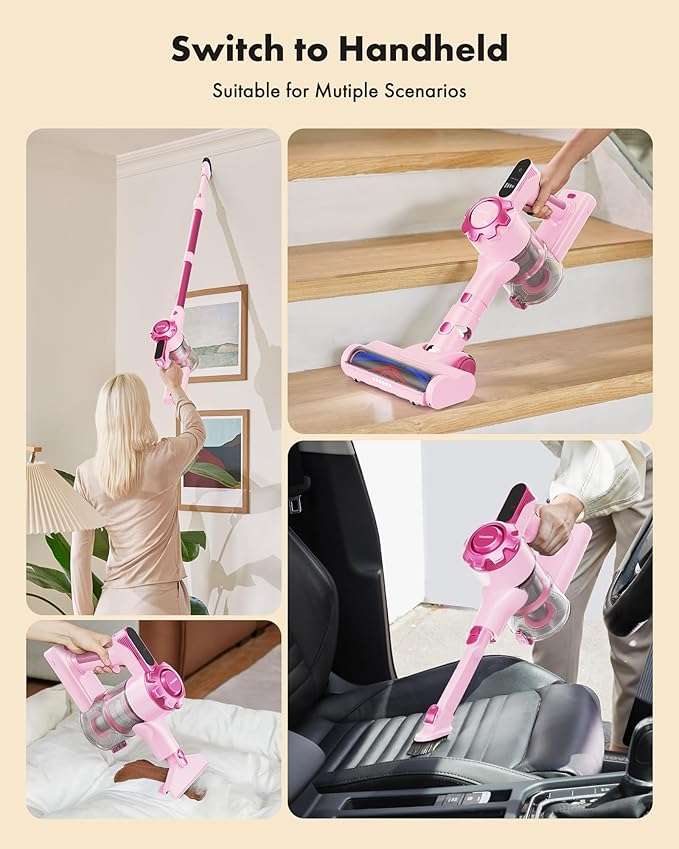 Cordless Vacuum Cleaner, 8-in-1 Lightweight Stick Vacuum with 45mins Runtime, Powerful Suction, Rechargeable Cordless Vacuum for Carpet, Tile, Pet Hair, Hardwood Floors, Pink