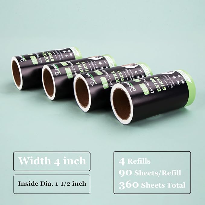 4 inch Lint Roller Refills for Evercare and Others, Extra Sticky All Purpose Pet Hair Lint Roller Refills 4 Pack, 90 Sheets per Refill, 360 Sheets Total (Inside Dia. 1 1/2 inch)
