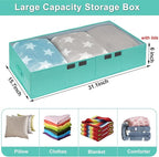 punemi Under Bed Storage With Lids, 2 Pack Large Underbed Storage Containers Clothes W/ 3 Handles, Foldable Low Profile Stackable Drawer Organizer Bins Box for Blanket Shoe,Tiffany Blue