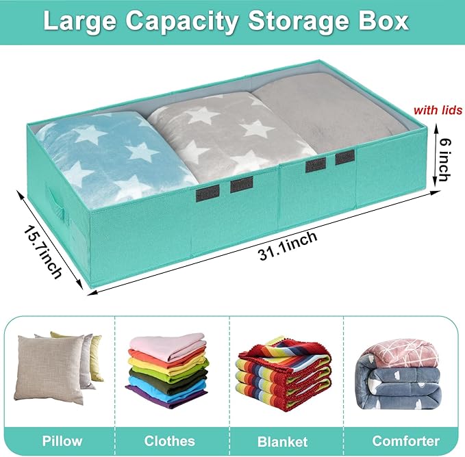 punemi Under Bed Storage With Lids, 2 Pack Large Underbed Storage Containers Clothes W/ 3 Handles, Foldable Low Profile Stackable Drawer Organizer Bins Box for Blanket Shoe,Tiffany Blue