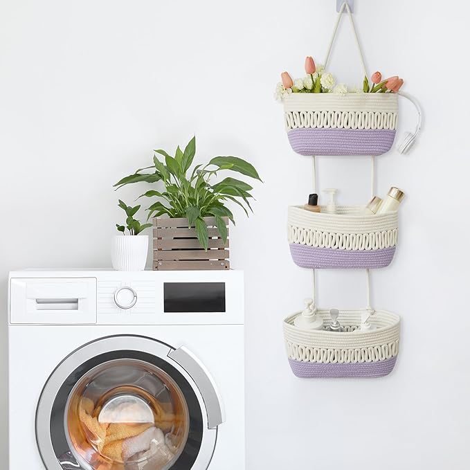 danpinera Over the Door Hanging Baskets for Organizing, 3-Tier Hanging Wall Basket for Storage, Woven Cotton Rope Baskets Storage Decorative for Nursery, Bedroom, Living Room, Kitchen, White & Violet