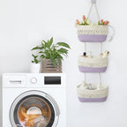 danpinera Over the Door Hanging Baskets for Organizing, 3-Tier Hanging Wall Basket for Storage, Woven Cotton Rope Baskets Storage Decorative for Nursery, Bedroom, Living Room, Kitchen, White & Violet