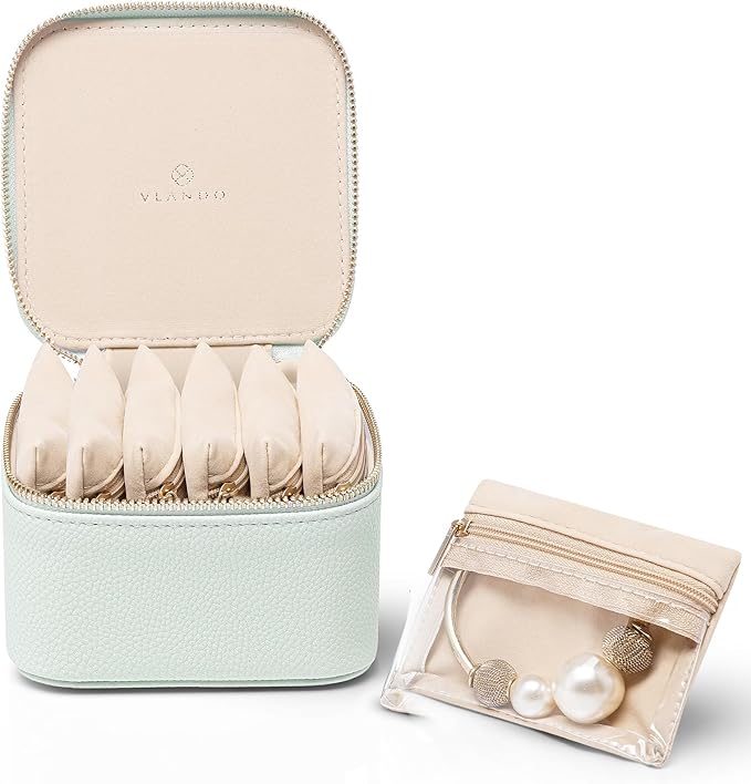 Vlando Jewelry Travel Case,Travel Jewelry Organizer with Clear Velvet Jewelry Bags Storage Zipper Pockets, Girls Women Gift Ideas for Wedding Party Thanksgiving Christmas-Light Green