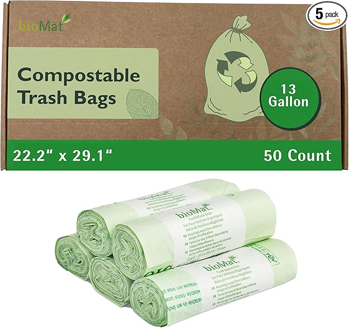 bioMat 13 Gallon Compostable Trash Bags, 50 Count, BPI ASTM D6400 and CMA Certified, Compostable Tall Kitchen Garbage Bags, Trash Bags for Food Waste & Residual Waste