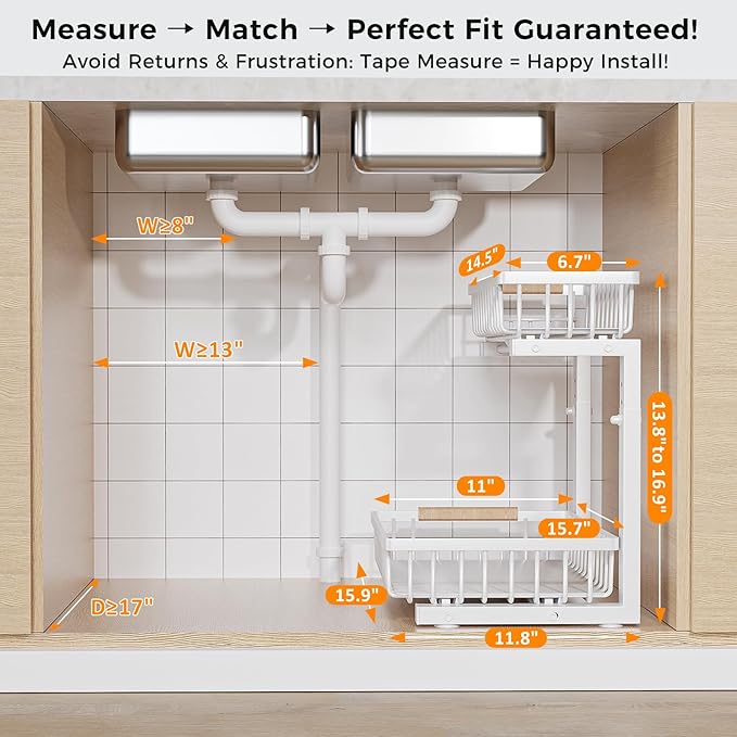 Under Sink Organizer,2 Pack 2 Tier Under Sink Organizers and Storage,Slide Out Pull Out Cabinet Organizer Shelf,Metal Sliding Drawer for Kitchen Bathroom Pantry Cabinet Closet Organization Rack White