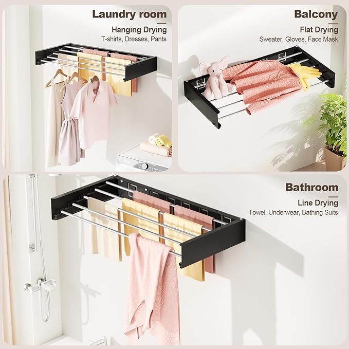 Wall Mounted Clothes Drying Rack Folding Indoor, Foldable Laundry Drying Rack Collapsible,Invisible, Space Saving, Retractable Towel Drying Rack, with Wall Template(5 Drying Rods, Black 32")
