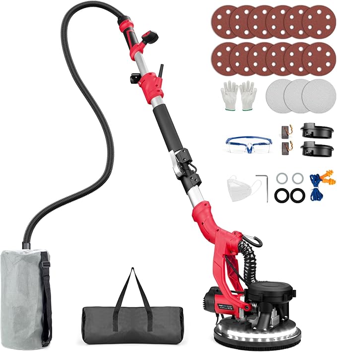 Drywall Sander, 1000W Popcorn Ceiling Removal Tool, Foldable Automatic Drywall Sander with Vacuum Dust Collection, LED Light, 6 Variable Speed 800-2200RPM,15Pcs Sanding Discs (Red）
