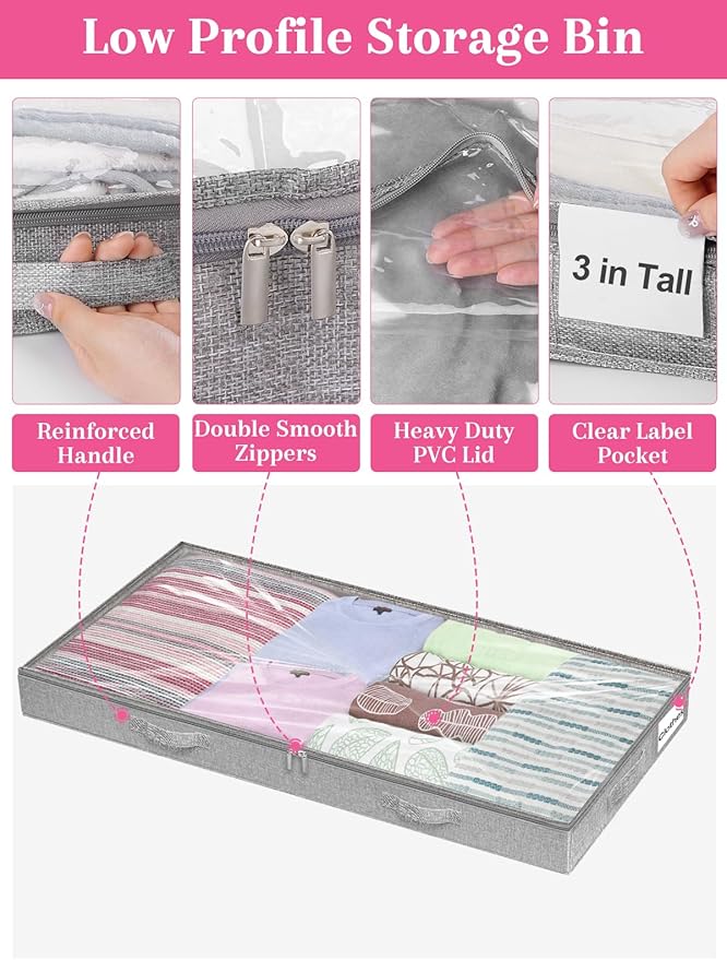 Low Profile Under Bed Storage, 3 Inches High Underbed Storage Containers Bins, NO STRUCTURE, Foldable Clothes Storage and Organizer with Lid & Zipper, Shallow Storage for Low Bed Couch Crib, 2-Pack