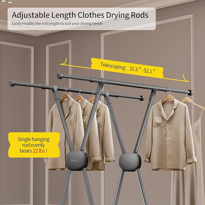 BIREN Clothes Drying Rack Heavy Duty Clothing Racks Extending Laundry Rack Two Drying Modes Garment Racks for Drying Clothes, Adjustable Length from 32-55 Inches for Indoor Outdoor Use