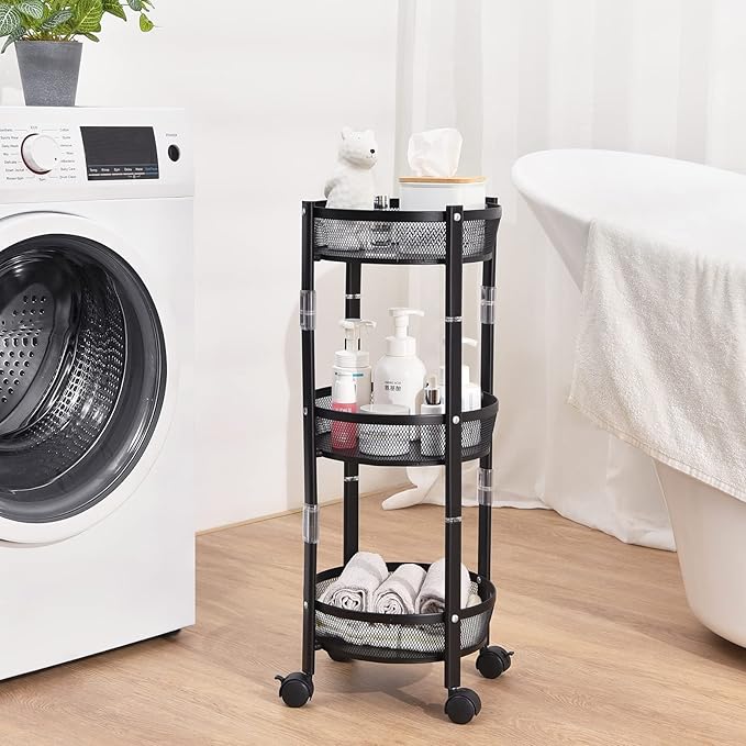 TOOLF 3-Tier Foldable Rolling Cart, Collapsible Metal Utility Cart with Wheels, Assembly-Free, Round Storage Organizer Trolley for Kitchen, Bathroom, Dorm, Nursery, Black