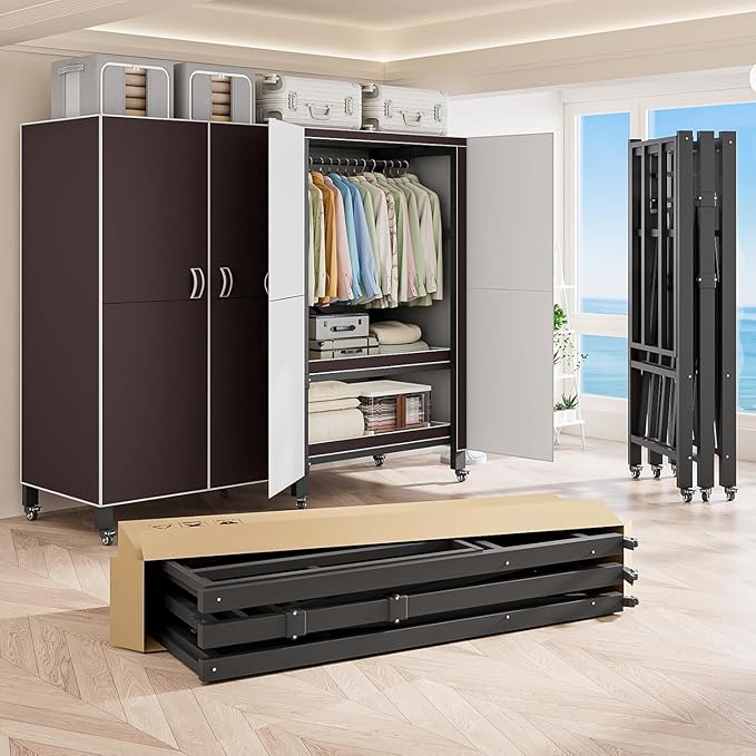 Heavy Duty Covered Clothes Rack with Magnetic Door Foldable Portable Wardrobe Closet for Hanging Clothing Rolling Black Metal Garment Rack on Wheels Closet System (Brown, 65.9in)