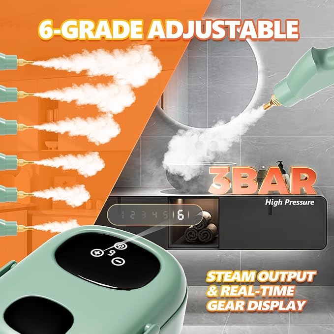 Steam Cleaner Handheld, 2500W High Pressure Steamer for Cleaning, Multi-Purpose Steamer for Home Use with 1.1L Water Tank, Car Steamer, Portable steamer for Kitchen, Furniture, Grout, Tile (Green)