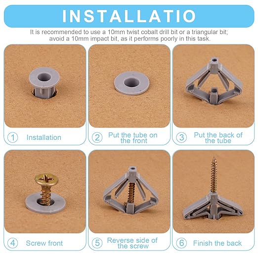 Hollow-Wall Anchors, One Size, 65Lbs Anchors 50pcs+Screw 50pcs Drywall Anchor kit with Screws, Self-Drilling Hollow Wall Anchors, Grey