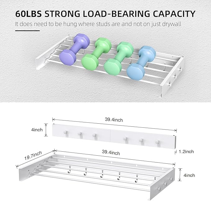 Drying Rack Clothing,Clothes Drying Rack Wall Mounted,Laundry Drying Rack Wall Mount,Foldable,Collapsible,60 lb Capacity 5 Aluminium Poles with 12 Hooks,Space Saving Clothes Drying Rack,White 40"