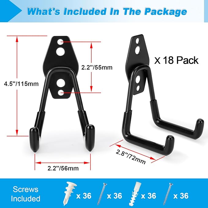 18 Pack Garage Hooks Heavy Duty - Supports 100 lbs, Utility Steel Garage Hanger & Organizer for Organizing Garden Lawn Tools, Ladders, Garden Hose, Digging Shovel, Bikes, Ropes