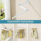 JAUREE Clothes Drying Rack Wall Mounted, Space-Saving Drying Rack Clothing, Collapsible Foldable Retractable Laundry Rack with 18 Hooks, Indoor/Outdoor, White
