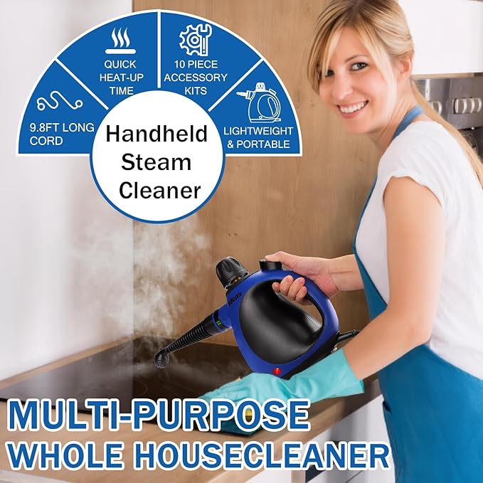 Klona Steam Cleaner, Multi-Purpose Handheld with 10 Accessories for Removing Steam Cleaner for All Dirt, Upholstery Furniture, Sofa, Tiles, Floor, Window, Car, Upholstery, Bathroom