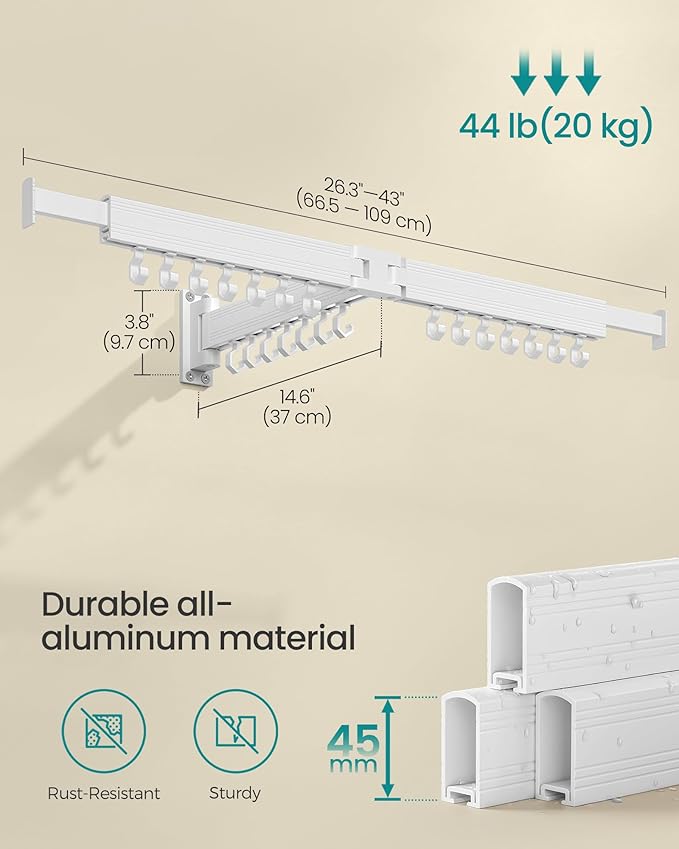 SONGMICS Clothes Drying Rack, Wall-Mounted Laundry Drying Rack, Extendable, Foldable Arms, with 21 Swivel Sliding Hooks, Space-Saving, for Laundry Room, Bathroom, Cloud White ULLR807W01