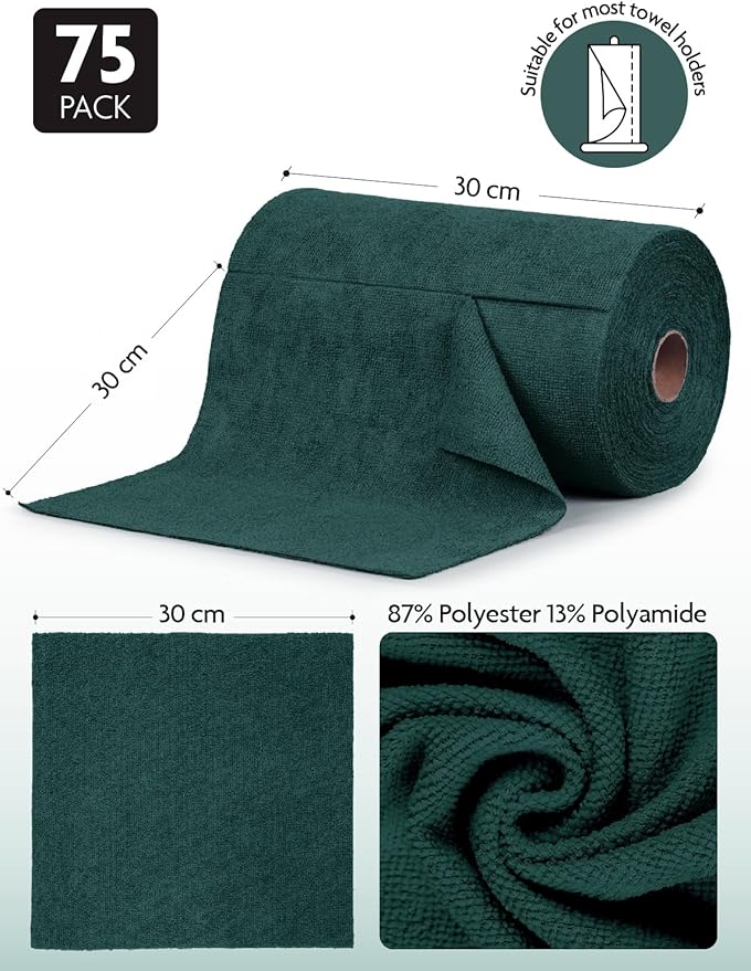 Fantasticlean Microfiber Cleaning Cloth Roll -75 Pack, Tear Away Microfiber Towels, 12" x 12", Reusable, Washable, Scratch Free, Ultra Absorbent for Car, Home Supplies (Forest Green)
