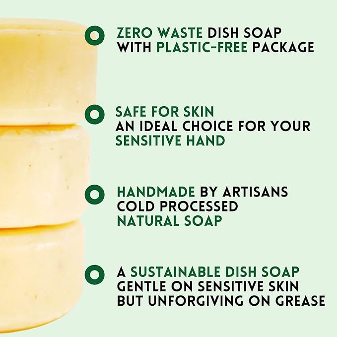 Zero Waste Natural Dish Soap Bar (Pack of 3 Bars) - Solid Vegan Dishwashing Block - Cold Processed, Eco Friendly Plastic Free Packaging with Sustainable Organic Ingredients for Kitchen