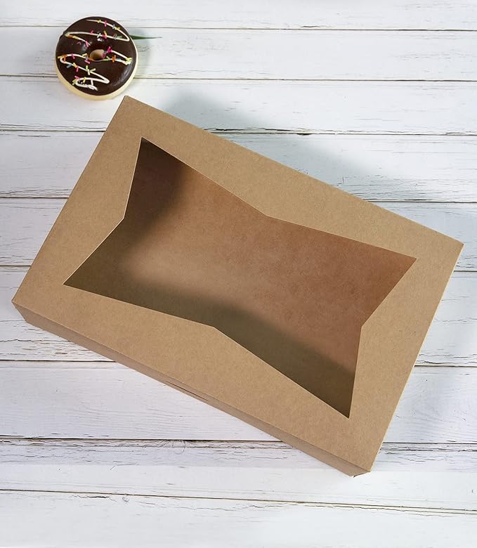 15-PACK Brown Pastry Bakery Box 12x8x3inch,Large Donuts,Muffins,Cookies Boxes with PVC Window - Auto-Pop up Nature Kraft Paper Box Container,Pack of 15 (Brown, 15)
