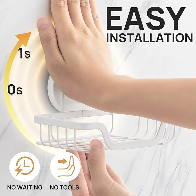 LEVERLOC Soap Dish, Soap Bar Holder for Shower Suction Cup Wall Mounted, Stainless Steel No-Drilling Removable Waterproof Sponge Holder for Bathroom Bathtub Kitchen Sink, Keep Dry, White