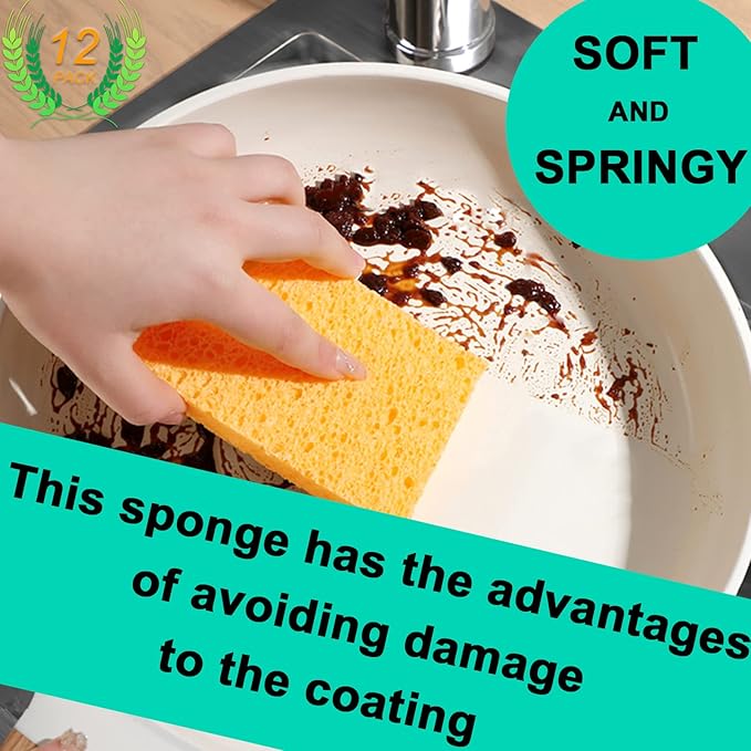 12-Count Extra Large Compressed Sponges for Kitchen, Dishes, Cleaning, Bathroom, Camper, Backpacker - Biodegradable Cellulose