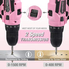 WORKPRO 12V Pink Cordless Drill Driver and Home Tool Kit, Hand Tool Set for DIY, Home Maintenance, 14-inch Storage Bag Included - Pink Ribbon