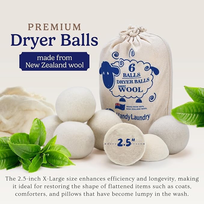Handy Laundry Wool Dryer Balls - 2.5 Inch - Natural Fabric Softener, Reusable, Reduces Clothing Wrinkles and Saves Drying Time, Better Alternative to Plastic Balls and Liquid Softener (6-Pack)