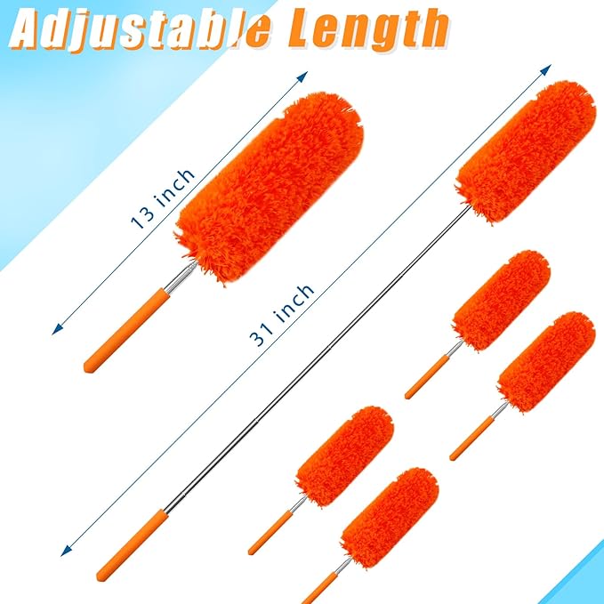 Tanlade 12 Pcs Microfiber Feather Duster for Cleaning 13-31 Inch Extendable Cobweb Dusters Ceiling Fan Duster Washable Bendable Tool for Office Car Window Furniture (Orange)